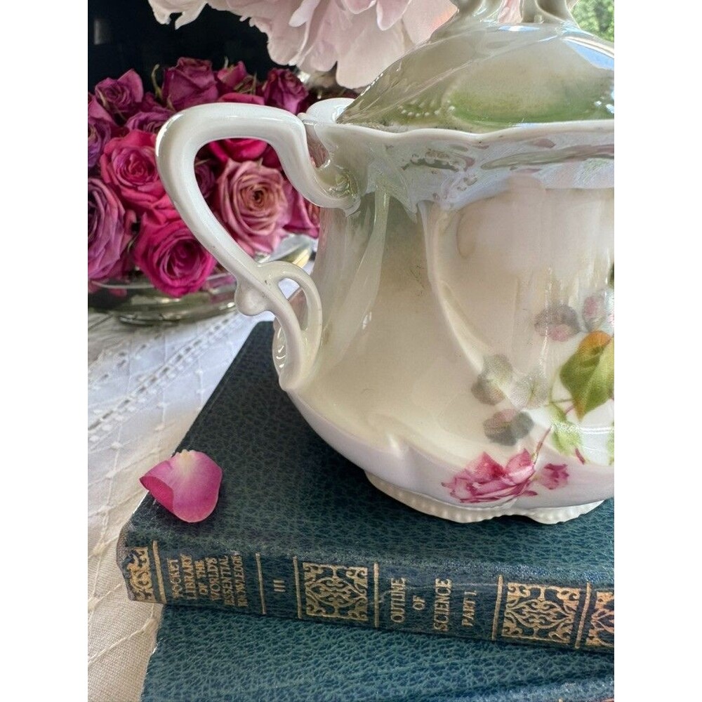 Antique Hand Painted Rose Porcelain Covered Sugar Bowl Art Nouveau Footed - Picture 12 of 16